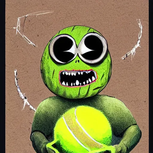 Prompt: a tennis ball monster ,tennis ball, dark, chalky, digital art, fantasy, magic, trending on artstation, ultra detailed, professional illustration by Basil Gogos