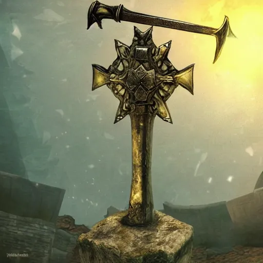 Prompt: a sword surrounded in a magical aura floating on a pedestal in ancient ruin fantasy