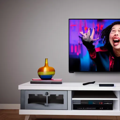 Prompt: TV playing static while grinning, 4k realistic photo