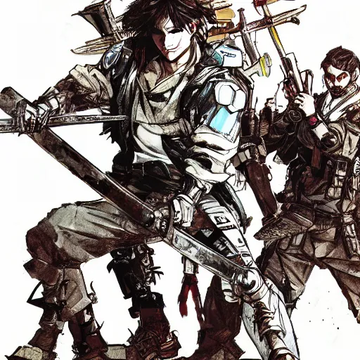 Image similar to hero sitting on a chair holding a sword on his back, looking at a army in the background illustrated by yoji shinkawa, pencil art, extra detail, dynamic, colored, blood, metal swords, sharp lines, textures, cyberpunk, handsome face