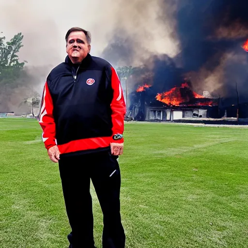 Prompt: a photo of a house burning down in the background and coach belichick with an eerie smile in the foreground, strong depth of field