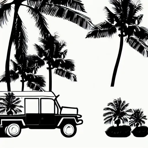 Image similar to a jeepney, palm tree, philippine sun and filipino girl wearing traditional clothes, stylized vector art, white background, trending on artstation