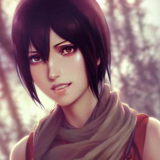 Image similar to mikasa ackerman, bokeh, beautiful face!!!!, 2 7 years old, cg animation, lifelike, animated, realistic, character select portrait, by artgerm, greg rutkowski, alphonse mucha, 3 d