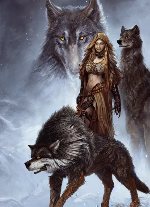 Image similar to digital _ painting _ of _ a female druid with her wolf companion _ by _ filipe _ pagliuso _ and _ justin _ gerard _ symmetric _ fantasy _ highly _ detailed _ realistic _ intricate _ port