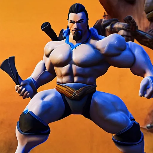 Image similar to a screenshot of arnold schwarzenegger as hanzo in overwatch, full body shot