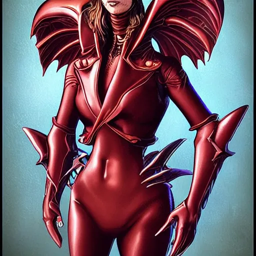 Image similar to am a jean giraud, artgerm, devil in armor made of iron and dragon bones, with hellish devil wings, in a chameleon - colored suit with a pearl shade