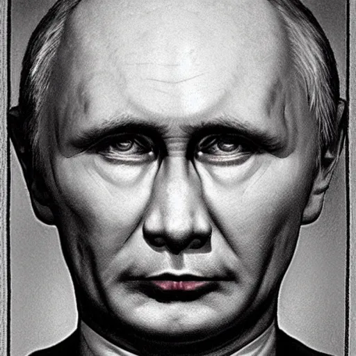 Image similar to Portrait by H.R.Giger of Putin Abomination, photo-realistic, 2K, highly detailed