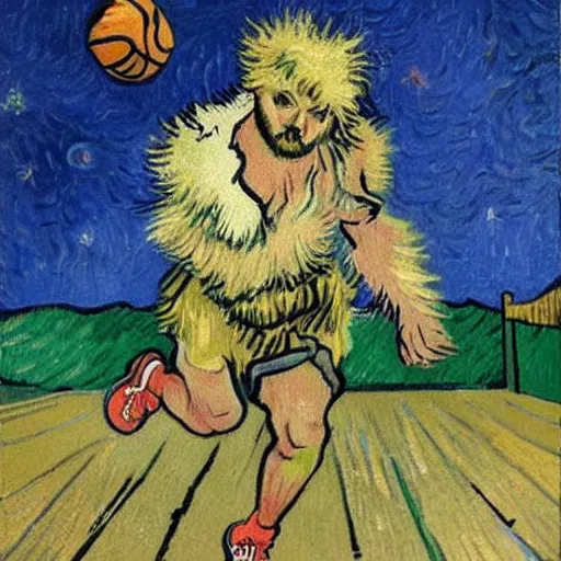 Prompt: Fluffy Satan playing basketball by Van Gogh