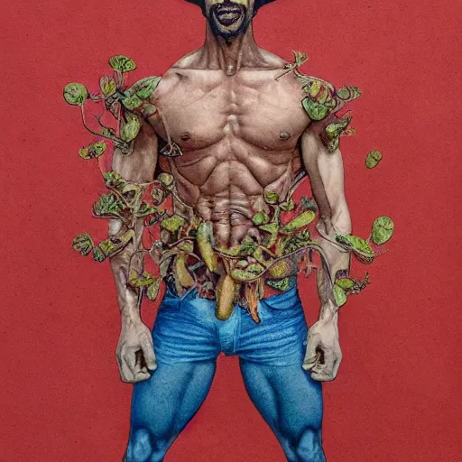 Image similar to Ripped Physique Portrait of a Venus Flytrap Guy wearing a Venus Flytrap costume plant disguised as a human standing atop a red clay pot greg rutkowski jen bartel peter mohrbacher anna podedworna arthur rackham salvador dali octavio ocampo jacek yerka winslow homer norman rockwell inio asano prismacolor tombow quill