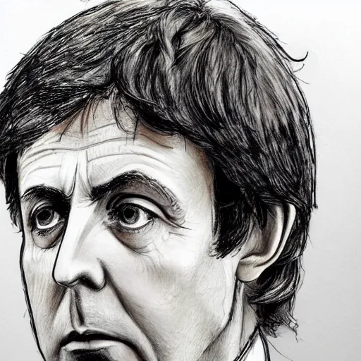 Prompt: a realistic yet scraggly portrait sketch of the side profile of a stern and sophisticated young paul mccartney, trending on artstation, intricate details, in the style of frank auerbach, in the style of sergio aragones, in the style of martin ansin, in the style of david aja, in the style of mattias adolfsson