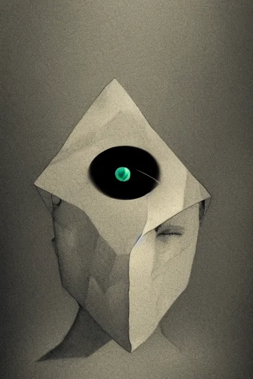 Image similar to portrait of triangle shaped head with single giant bloodshot eye, in the style of Greg Broadmore and Arthur Rackham,trending on artstation, light lighting side view,digital art,surrealism ,macro,blueprint ,vaporwave ,