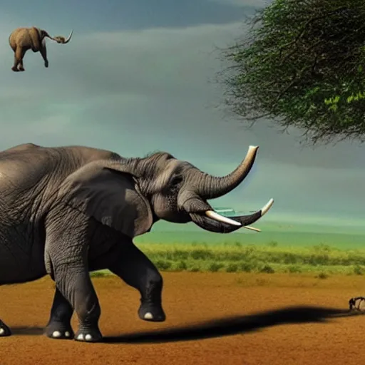 Image similar to a cartoon of an elephant chasing a rhino on african plains, tron