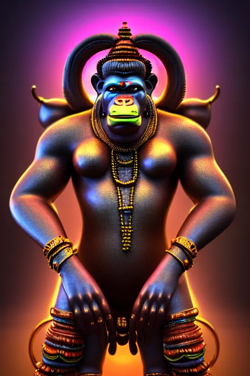 Prompt: high quality 3 d render post - rococo cyberpunk hanuman! head shri ram centre, neon madhubani, open mouth, highly detailed, in sci - fi new delhi, cinematic smooth unreal engine, lee madgwick & liam wong, dramatic light, long shot, low angle, uhd 8 k, sharp focus