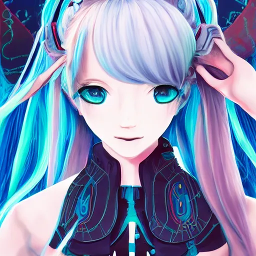 Image similar to portrait a hatsune miku, light effect, anime style hyper detailed, illustration, bloody, intricate, elegant, digital painting, artstation, smooth, sharp focus, art by leonardo da vinci.