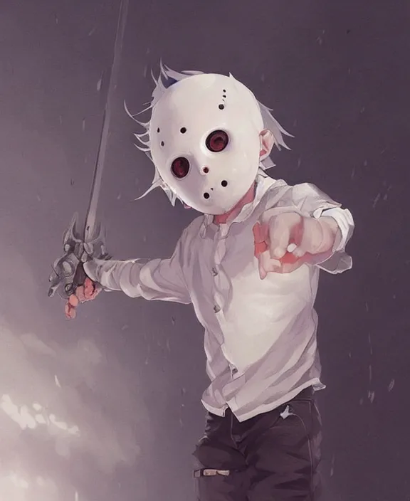 Prompt: cute little boy with white hair anime character inspired by jason voorhees, art by rossdraws, wlop, ilya kuvshinov, artgem lau, sakimichan, jakub rebelka and makoto shinkai, anatomically correct, extremely coherent, highly detailed, sharp focus, slasher movies, smooth, red lighting, very realistic, symmetrical