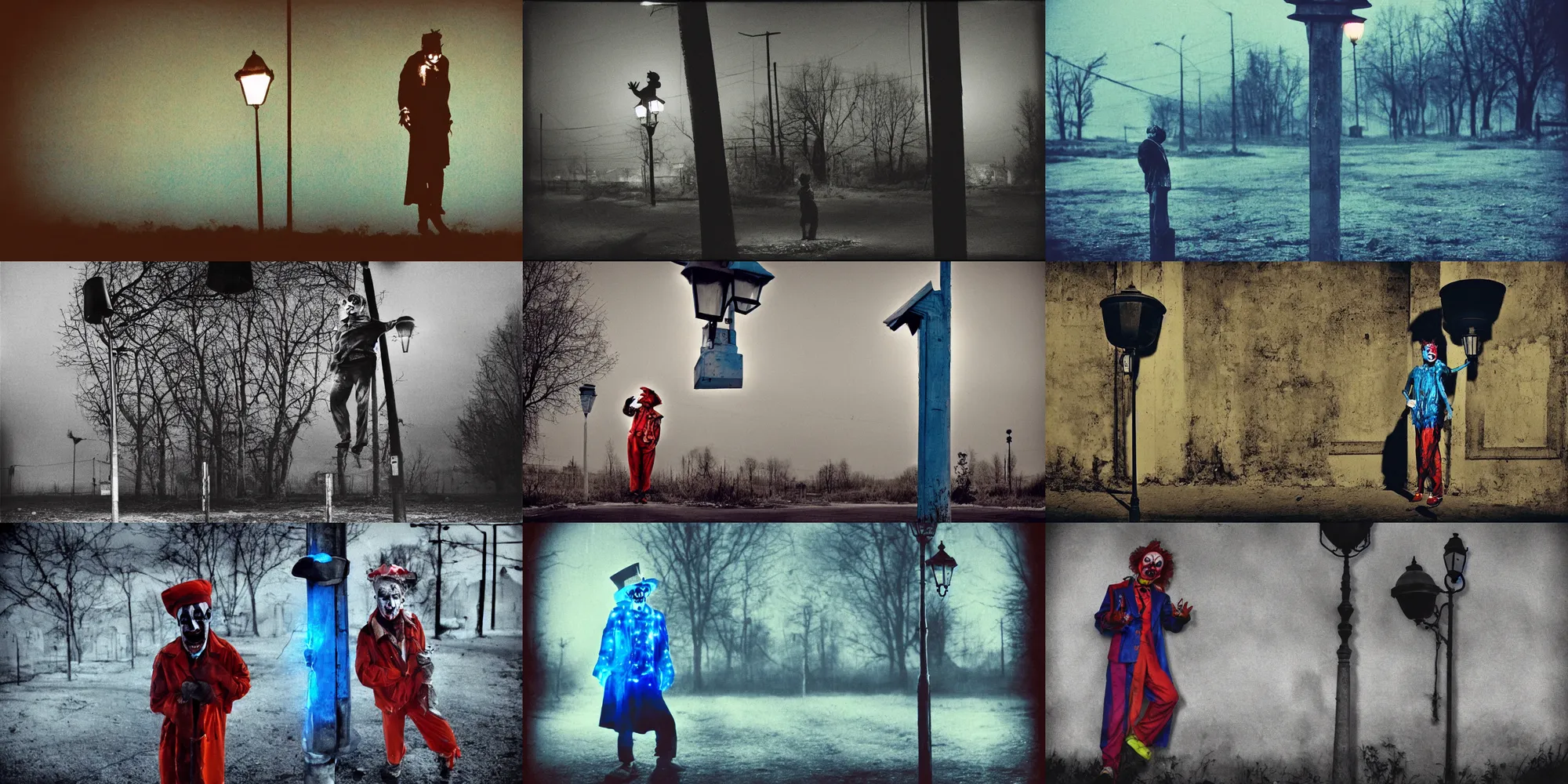 Image similar to a thin scary clown in torn clothes stands under a lamppost that shines a blue light on the clown, pitch darkness around the post, everything happens at night in an old Soviet village, the photo was taken from afar, Colourful, Cinematic, filmic, 35mm, dark atmosphere, horror, scary, Wildlife photography, Polaroid, bad quality