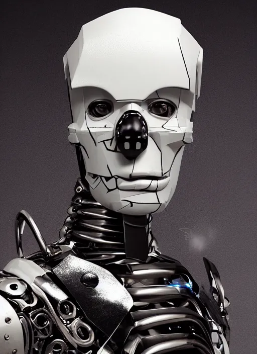 Image similar to portrait of a futuristic bone ceramic humanoid robot Spanish prince with a handsome face wearing a metallic skull mask and muscular body reclining, macho, piroca, dotado, guapo, matte surface, trending on cgsociety