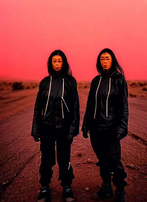 Prompt: cinestill 5 0 d photographic portrait of two loving clones, women wearing rugged black techwear on a desolate plain with a red sky, extreme closeup, diverse species, cyberpunk, in front of a brutalist dark metal facility, dust storm, 3 5 mm, 8 k, f / 3 2, high resolution, ultra realistic faces, beautiful faces