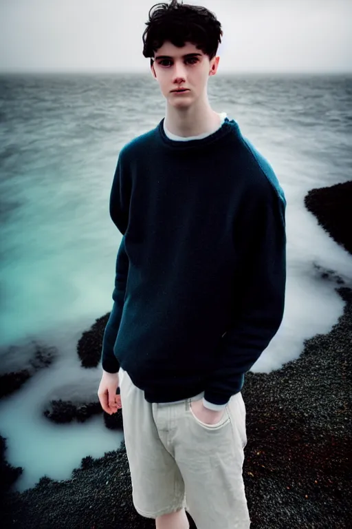 Prompt: high quality pastel coloured film mid angle docu photograph of a beautiful young 2 0 year old male, soft features, short black hair, extremely oversized!!! clothing!! next to icelandic black rock pool environment. atmospheric. three point light. photographic. art directed. ( pastel colours ). volumetric light. clearcoat. waves glitch. 8 k. filmic.