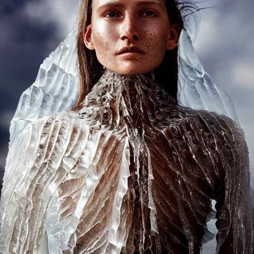 Image similar to full shot of a regal brown woman wearing an intricate armor made of many layers of ice. no makeup!! freckles!! haunting eyes. vulnerable. fragile. ethereal. elaborate. ice caves. glaciers. refracted light. extremely soft lighting. textures. delicate. translucent. by ray cesar. by louise dahl - wolfe. by andrea kowch. surreal photography.