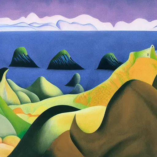 Prompt: detailed painting of a lush natural scene on an alien planet by georgia o'keeffe. beautiful landscape. weird colourful vegetation. cliffs and water.