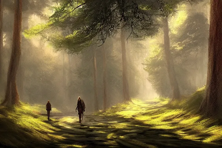 Image similar to concept art mood painting environment painting man walking down winding forest path 7 am early morning lord of the rings. style of ryan church jon mccoy george hull painting