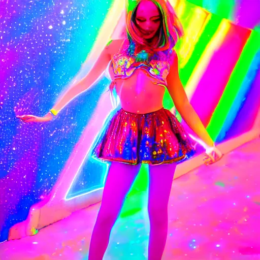 Image similar to Prismatic Spectrum Cosmic Magical Girl from the Rainbow Sky Paradise, tomorrowland, lit by flashing pixel light, fully covered in colorful paint, glowing neon