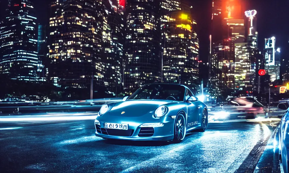 Image similar to photo of a porsche 911 at night drifting through a city, cinematic, 4k, long exposure photography, tokyo drift, fast and furious, film still, night photography, motion blur, lens flare, movie shot, light trail, distortion, wide angle