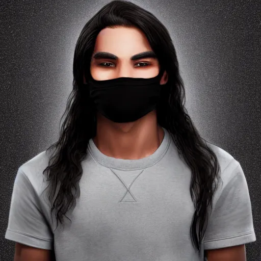 Prompt: professional fantasy digital art of a young adult man with slightly long hair wearing a black face mask and a form-fitting dark sweatshirt, high quality, HD, 8K, highly detailed, award-winning, dark color palette