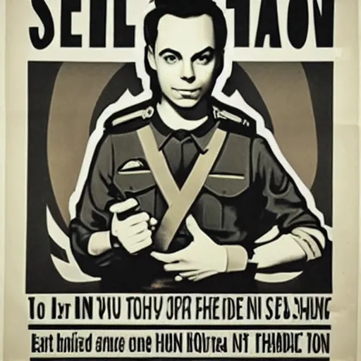 Prompt: propaganda poster of Sheldon Cooper in front of a large army