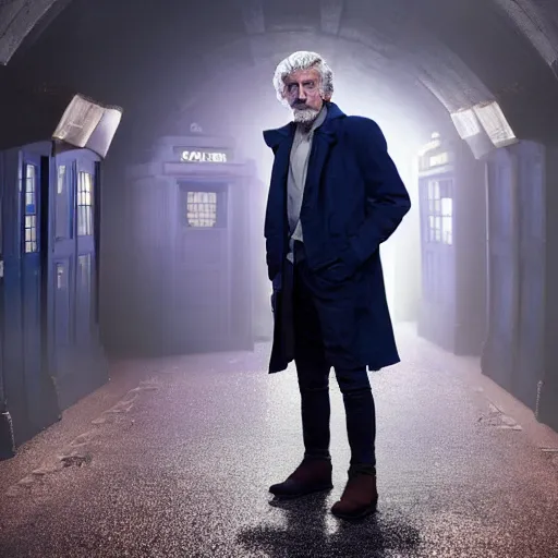 Image similar to tom holland as a rough dirty old man with a scruffy beard in a dark blue trenchcoat as the new doctor who, cinematic, volumetric lighting, f 8 aperture, cinematic eastman 5 3 8 4 film, photorealistic