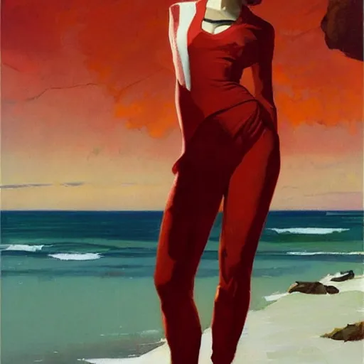 Prompt: an attractive female in a red suit standing on a cliff, looking out at a red ocean, jc leyendecker!! phil hale!, angular, brush strokes, painterly, vintage, crisp