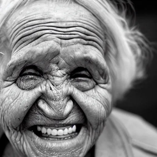 Prompt: a very old woman's face laughing out loud by bruce gilden, highly detailed, precise
