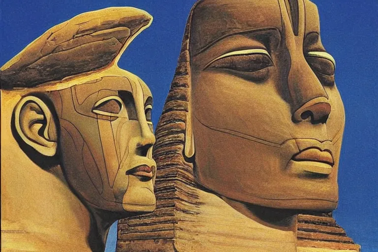 Image similar to john cleese as the sphinx, the sphinx with the head of john cleese, young john cleese's head on the sphinx, painting by salvador dali