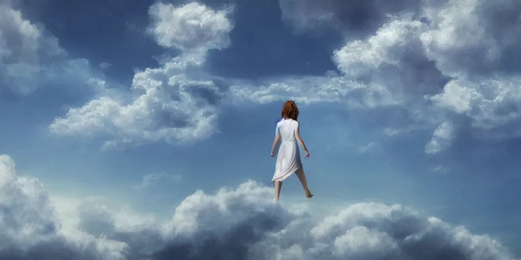 Image similar to realistic scene of a mysterious woman walking on a clouds while it's sunny, detailed, 1 4 5 0, delicate, hyper realism, ultra realistic, 8 k