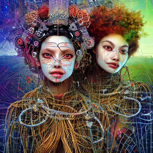 Image similar to deeper into the metaverse we go, piles of modular synth cables mixed with mangrove roots, two kawaii puerto rican goddesses laying down wearing a headpiece made of circuit boards, by cameron gray, wlop, stanley kubrick, masamune, hideki anno, jamie hewlett, unique perspective, trending on artstation, 3 d render, vivid