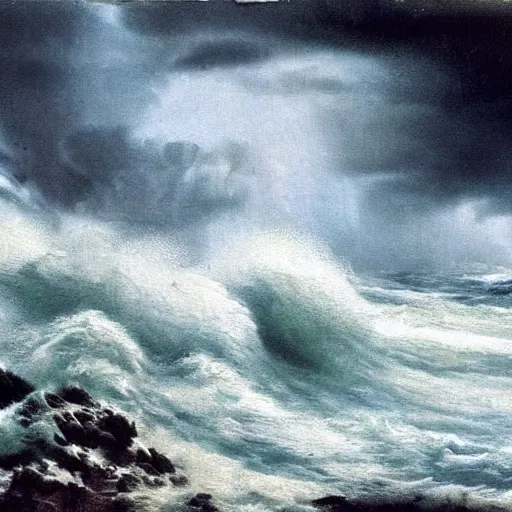 Prompt: A beautiful experimental art of a raging storm at sea, with huge waves crashing against the rocks. The sky is dark and ominous, and the sea is rough and choppy. by Desmond Morris offhand