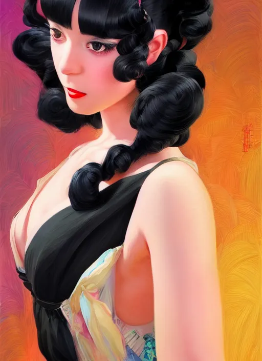 Prompt: a beautiful dancer with black hair in 1940's fashion, living room background, intricate, highly detailed, digital painting, artstation, official media, anime key visual, concept art, rich vivid colors, ambient lighting, sharp focus, illustration, art by Artgerm, Makoto Shinkai, Ilya Kuvshinov, Lois Van Baarle, and Rossdraws