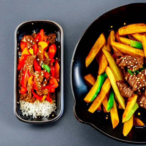 Image similar to dslr food photograph of stir fried beef, mixed with tomato wedges and french fries, with white rice on the side, 8 5 mm f 1. 8