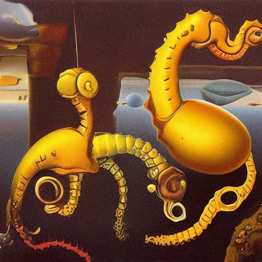 Image similar to A pair of long-snouted seahorses and a floating egg, oil painting by Salvador Dali.