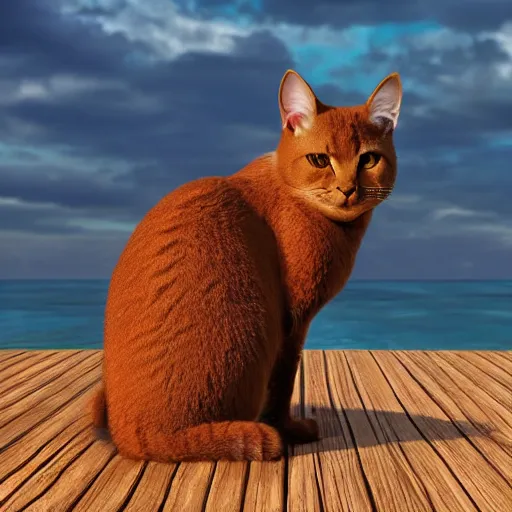 Prompt: cgi of a brown cat by sea