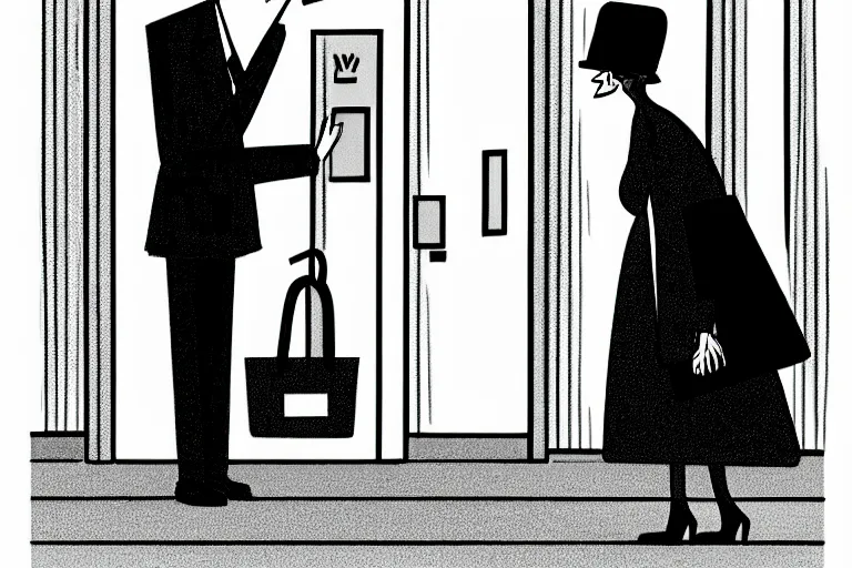 Image similar to tall, security guard checks the bags of a worried looking woman, art in the style of the new yorker, ed koren