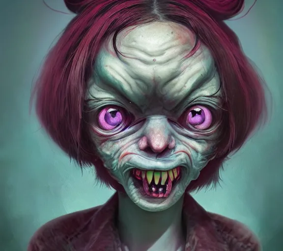 Prompt: an ethereal horror comic book style portrait painting of a creepy nightmarish momo, character design by mark ryden and pixar and hayao miyazaki, unreal 5, daz, hyperrealistic, octane render, cosplay, rpg portrait, dynamic lighting, intricate detail, eerie vibrancy, cinematic