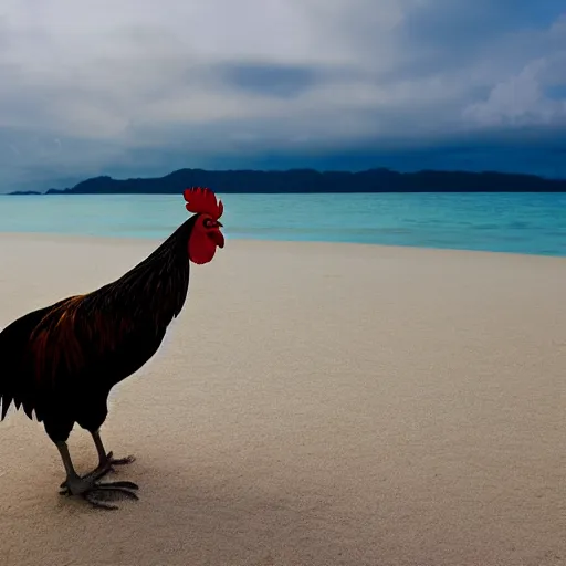 Image similar to a photograph of a rooster standing on a beautiful white sand Philippines beach