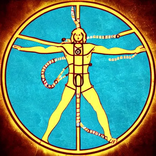 Prompt: occult vitruvian man. pop art, bioshock style, fallout style.