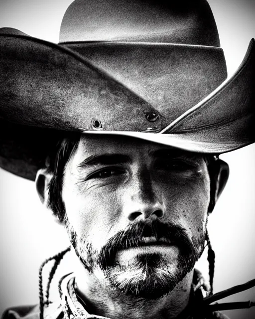 Image similar to portrait of cowboy, black and white polaroid, western, high production value, intricate details, high resolution, hyperrealistic, hdr, high definition, award winning photography, masterpiece, ultra realistic, highly detailed, hd, sharp focus, cinematic lighting, shaded, non blurry, sharp, smooth