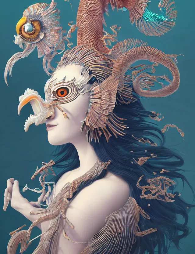 Image similar to simple coherent artwork. 3 d goddess close - up 3 / 4 portrait with ram skull. beautiful intricately detailed japanese crow kitsune mask and clasical japanese kimono. betta fish, jellyfish phoenix, bio luminescent, plasma, ice, water, wind, creature, artwork by tooth wu and wlop and beeple and greg rutkowski