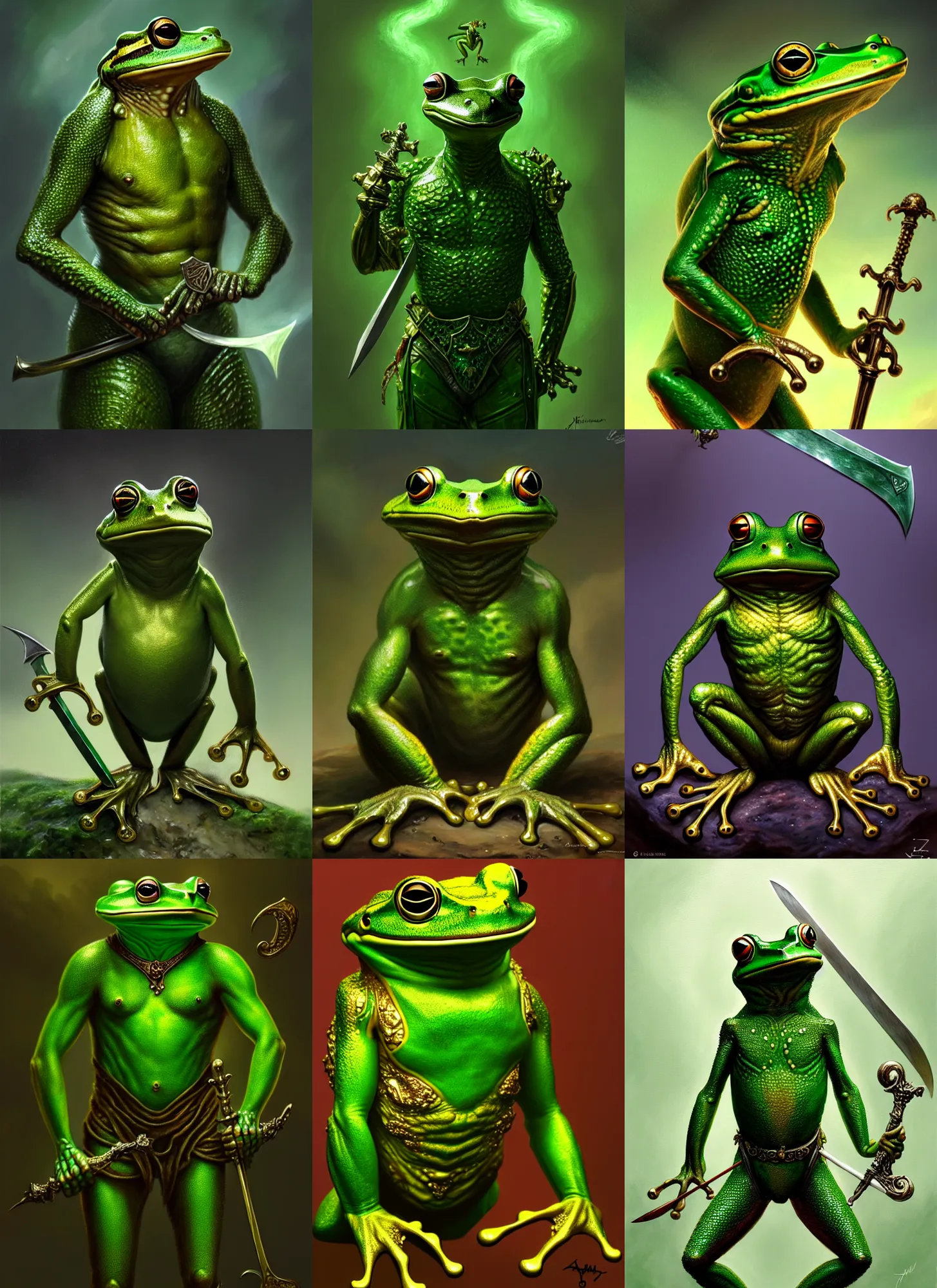 Prompt: a male anthromorphic courageous frog wearing a emerald armor holding a sword, diffuse lighting, fantasy, intricate, elegant, highly detailed, lifelike, photorealistic, digital painting, artstation, illustration, concept art, smooth, sharp focus, art by john collier and albert aublet and krenz cushart and artem demura