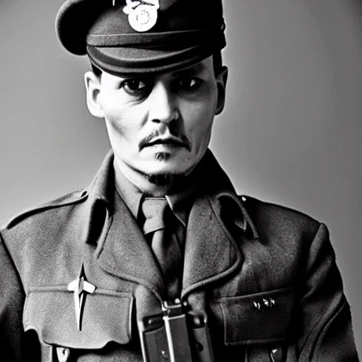 Image similar to johnny depp as a soldier in world war 2, award winning war photo