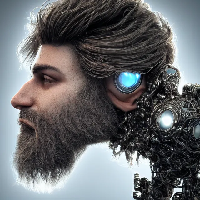 Image similar to realistic, dark hairy handsome man, love, joy, complex cybernetic beings, glowing hair, vortexes, large array, ornate hair, 3 d model, fish eye, round form, cinematic light shadows, wet hdr refractions, insanely detailed rendering, artstation, 8 k, * * * * *